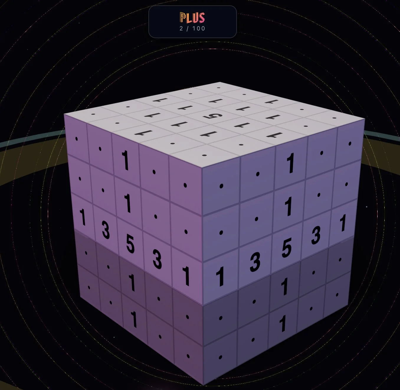 3D Picross — a 5×5×5 violet cube floating in a starry void, faces marked with numeric hints, level title PLUS 2 / 100