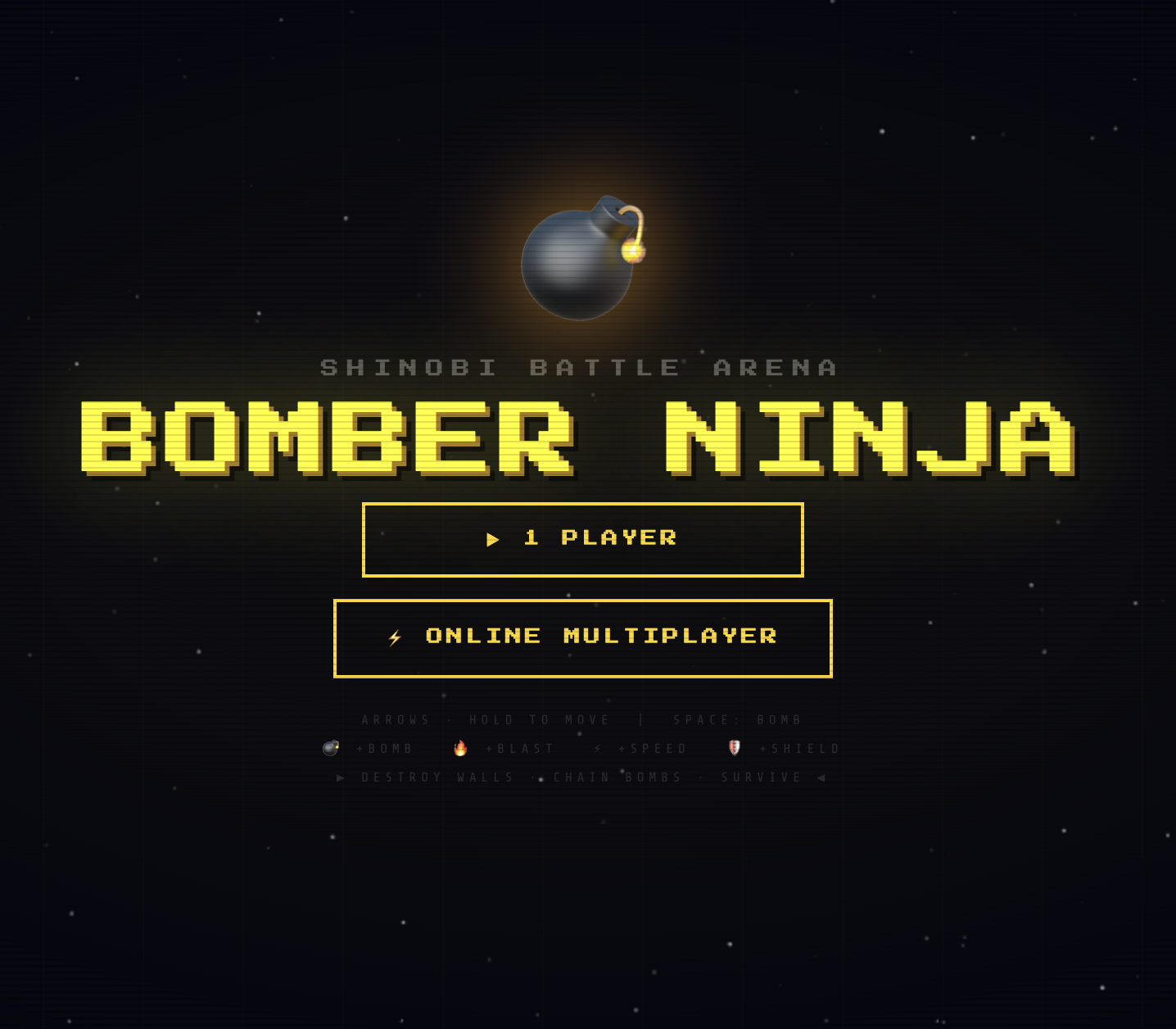 Bomber Ninja title screen — Shinobi Battle Arena with bomb icon, 1 Player and Online Multiplayer options