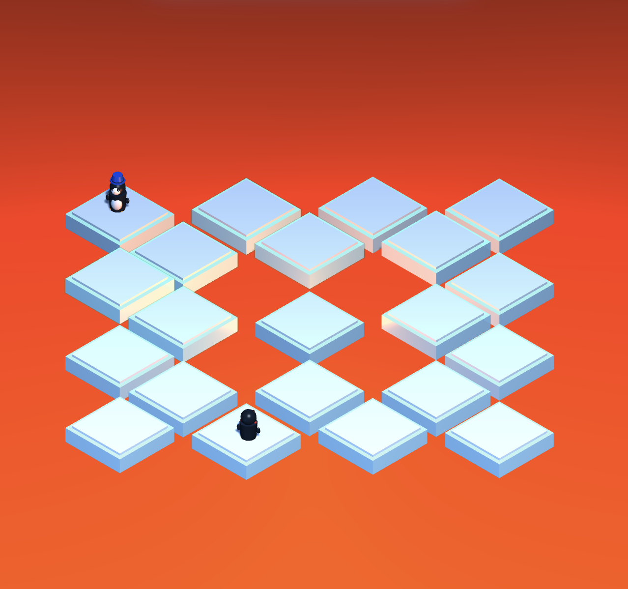 Ice Breaker — isometric arena of floating ice tiles with two penguin fighters on a red-orange backdrop